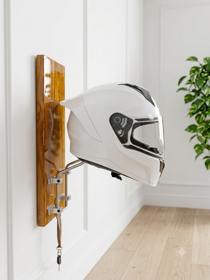 Elite Wall Helmet Holder – Solid Teak Wood & Stainless Steel