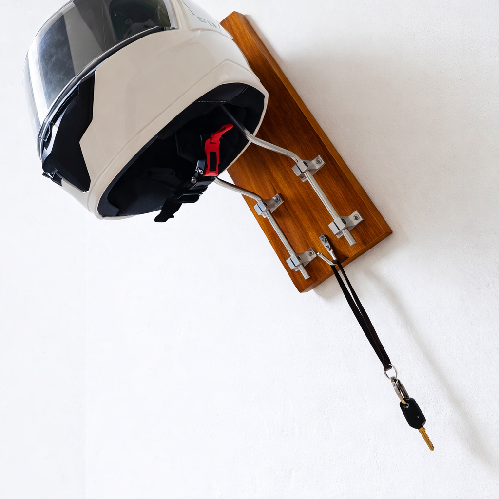 Elite Wall Helmet Holder – Solid Teak Wood & Stainless Steel