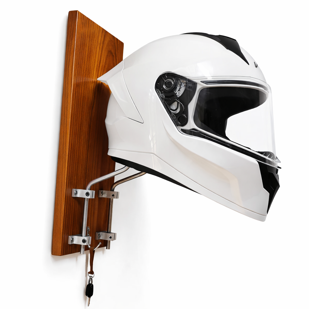 Elite Wall Helmet Holder – Solid Teak Wood & Stainless Steel