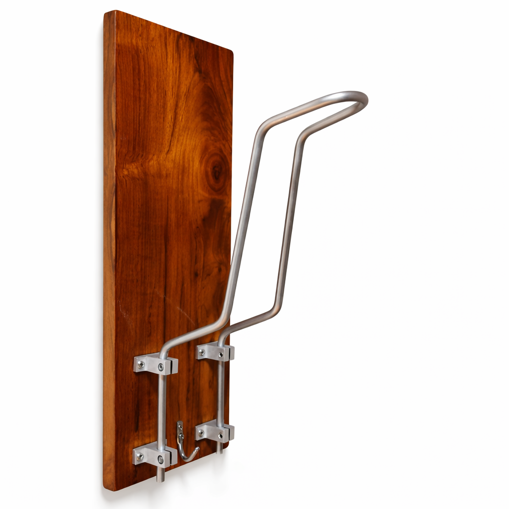 Elite Wall Helmet Holder – Solid Teak Wood & Stainless Steel